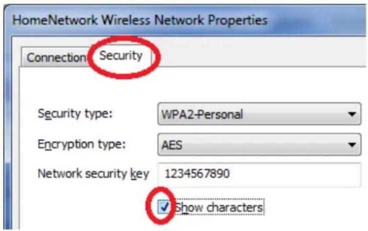 HomeNetwork Wireless Network Properties Connection Security Security type: WPA2-Personal Encryption type: AES Network security key 1234567890 Show characters