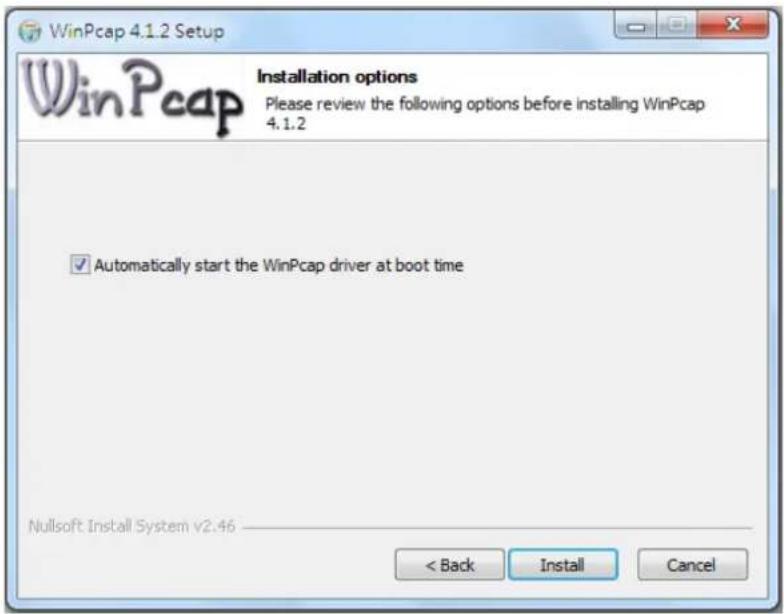 WinPcap 4.1.2 Setup Installation options Please review the following options before installing WinPcap 4.1.2 ✓ Automatically start the WinPcap driver at boot time Nullsoft Install System v2.46 < Back Install Cancel