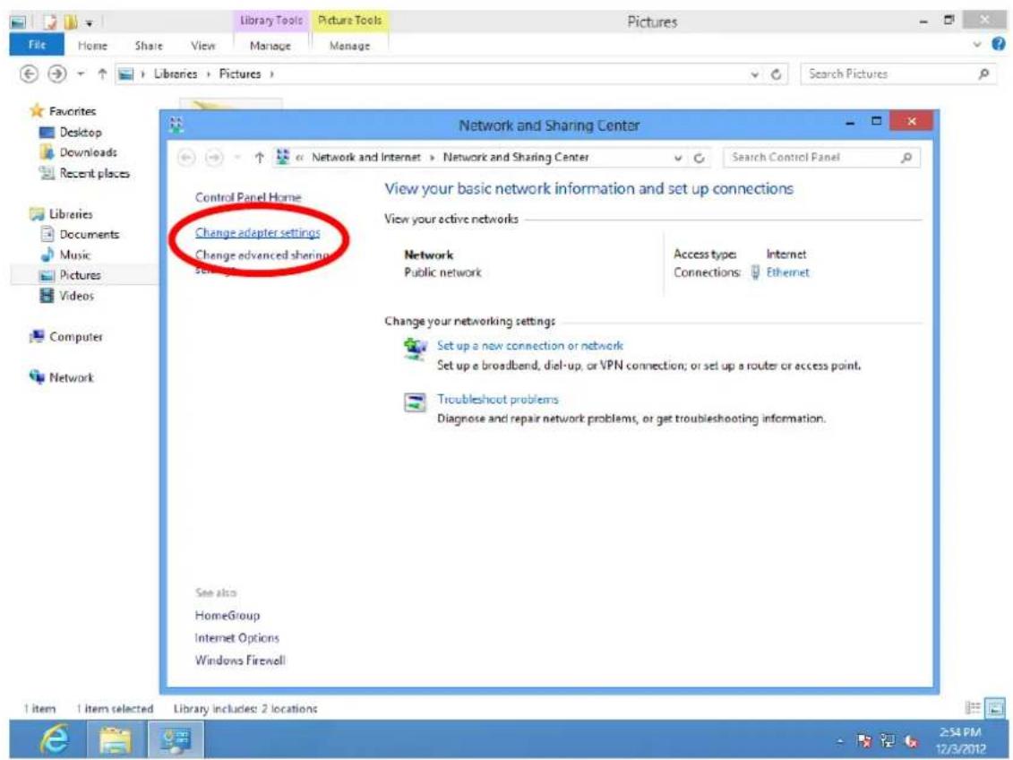 Library Tools Picture Tools Pictures File Home Share View Manage Manage Favorites Desktop Downloads Recent places Libraries Documents Music Pictures Videos Computer Network Network and Sharing Center View your basic network information and set up connections View your active networks Control Panel Home Change adapter settings Change advanced sharing settings Network Public network Access type: Internet Connections: Ethernet Change your networking settings: Set up a new connection or network Set up a broadband, diel-up, or VPN connection; or set up a router or access point. Troubleshoot problems Diagnose and repair network problems, or get troubleshooting information. See also HomeGroup Internet Options Windows Firewall 1 item 1 item selected Library includes: 2 locations 2:54 PM 12/3/2012