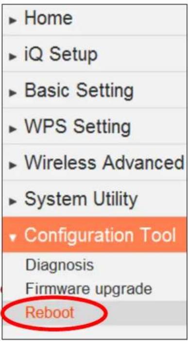 Home iQ Setup Basic Setting WPS Setting Wireless Advanced System Utility Configuration Tool Diagnosis Firmware upgrade Reboot