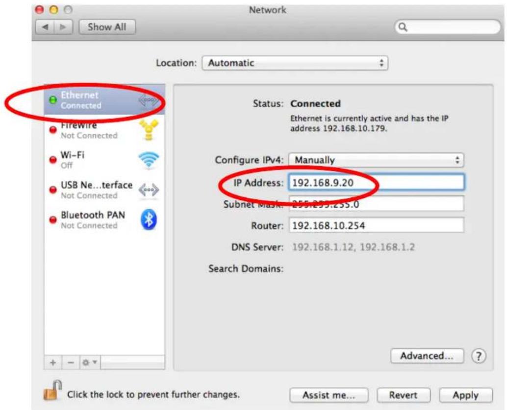 Network Show All Location: Automatic Ethernet Connected Firewire Not Connected Wi-Fi Off USB Ne...terface Not Connected Bluetooth PAN Not Connected Status: Connected Ethernet is currently active and has the IP address 192.168.10.179. Configure IPv4: Manually IP Address: 192.168.9.20 Subnet Mask: 255.233.233.0 Router: 192.168.10.254 DNS Server: 192.168.1.12, 192.168.1.2 Search Domains: Advanced... Click the lock to prevent further changes. Assist me... Revert Apply