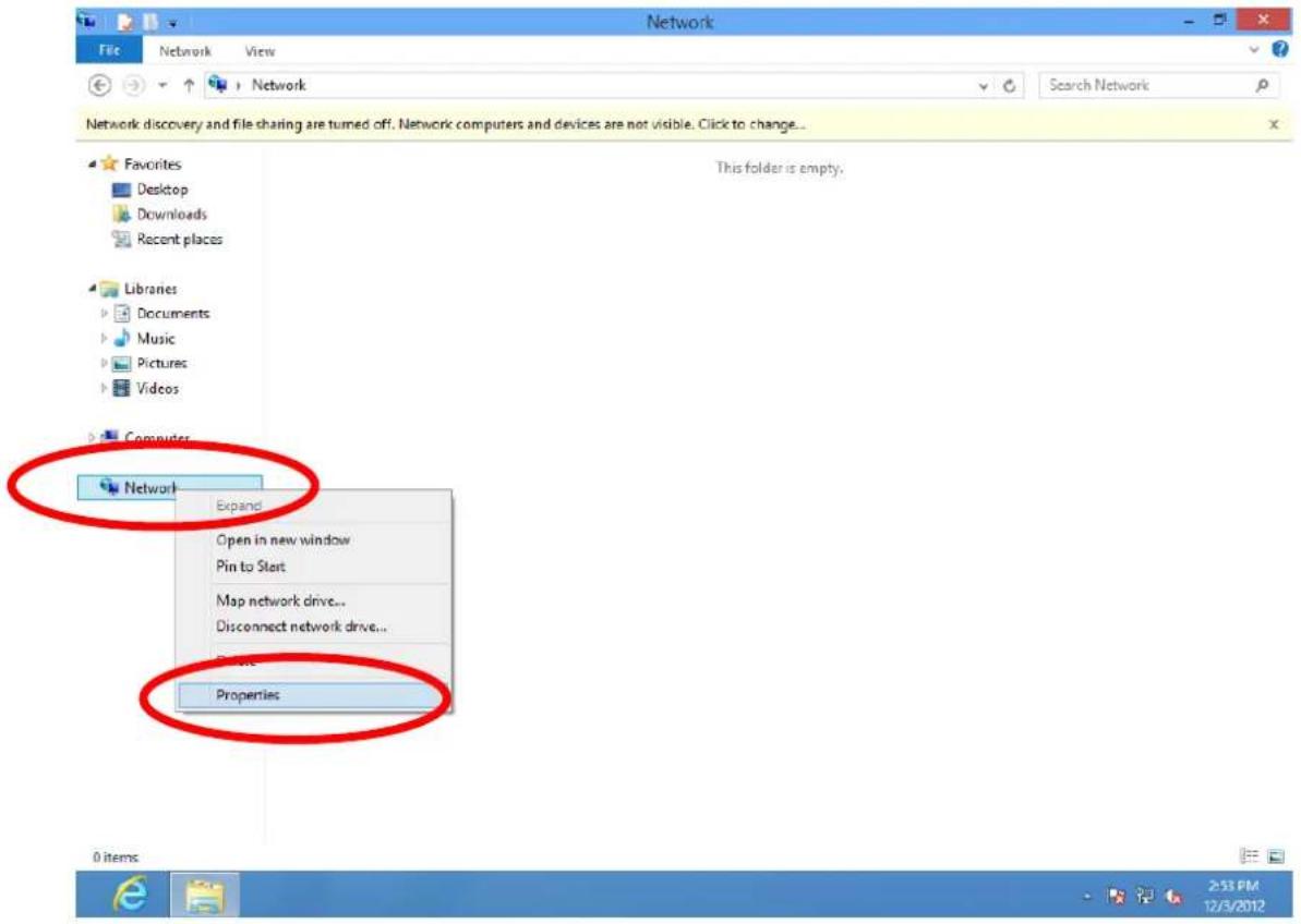 Network File Network View Network Search Network Network discovery and file sharing are turned off. Network computers and devices are not visible. Click to change... Favorites Desktop Downloads Recent places Libraries Documents Music Pictures Videos Computer Network This folder is empty. Expand Open in new window Pin to Start Map network drive... Disconnect network drive... Properties 0 items 2:53 PM 12/3/2012