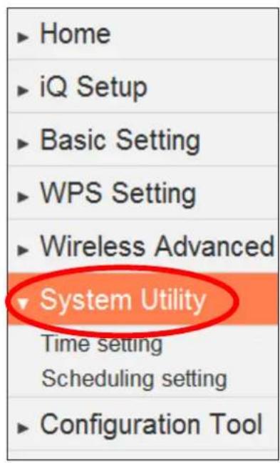 Home iQ Setup Basic Setting WPS Setting Wireless Advanced System Utility Time setting Scheduling setting Configuration Tool