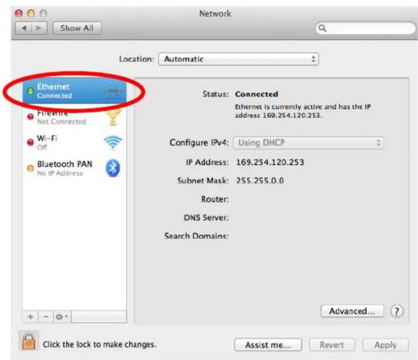 Network Show All Location: Automatic Ethernet Connected Firewire Not Connected Wi-Fi Off Bluetooth PAN No IP Address Status: Connected Ethernet is currently active and has the IP address 169.254.120.253. Configure IPv4: Using DHCP IP Address: 169.254.120.253 Subnet Mask: 255.255.0.0 Router: DNS Server: Search Domains: Advanced... Click the lock to make changes. Assist me... Revert Apply