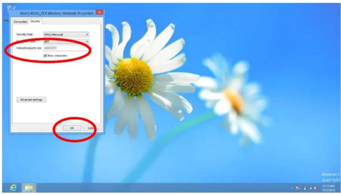 Matt2.4GHz_2EX Wireless Network Properties Connection Security Security type: WPS3-Personel Network type: AES Network security key Show characters Advanced settings OK Cancel