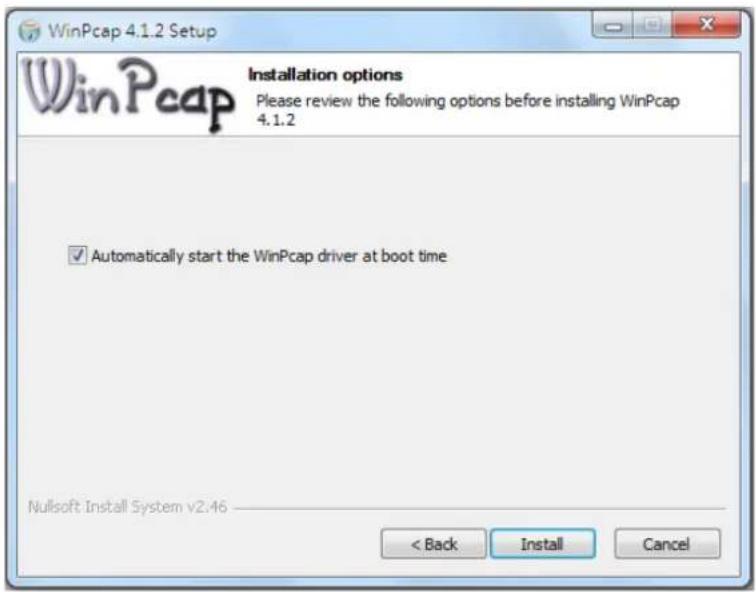 WinPcap 4.1.2 Setup Installation options Please review the following options before installing WinPcap 4.1.2 ✓ Automatically start the WinPcap driver at boot time Nullsoft Install System v2:46 < Back Install Cancel