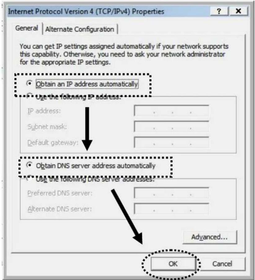 Internet Protocol Version 4 (TCP/IPv4) Properties General | Alternate Configuration | You can get IP settings assigned automatically if your network supports this capability. Otherwise, you need to ask your network administrator for the appropriate IP settings. Obtain an IP address automatically Use the following IP address: IP address: Subnet mask: Default gateway: Obtain DNS server address automatically Use the following DNS server addresses: Preferred DNS server: Alternate DNS server: Advanced... OK Cancel