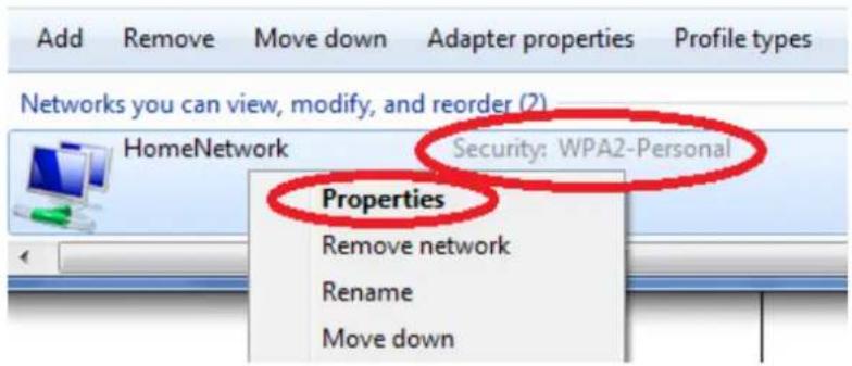 Add Remove Move down Adapter properties Profile types Networks you can view, modify, and reorder (2) HomeNetwork Security: WPA2-Personal Properties Remove network Rename Move down