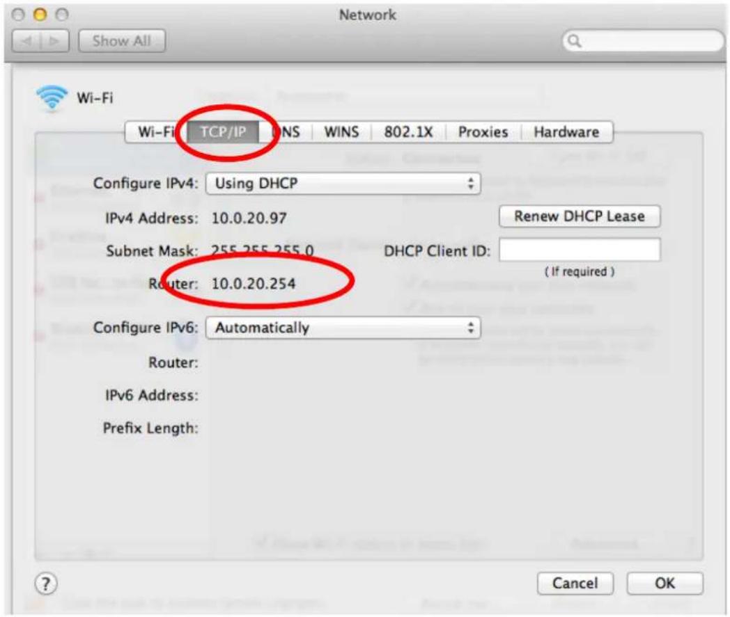 Network Show All Wi-Fi Wi-Fi TCP/IP INS WINS 802.1X Proxies Hardware Configure IPv4: Using DHCP IPv4 Address: 10.0.20.97 Subnet Mask: 255.255.255.0 Router: 10.0.20.254 DHCP Client ID: (If required ) Configure IPv6: Automatically Router: IPv6 Address: Prefix Length: Cancel OK