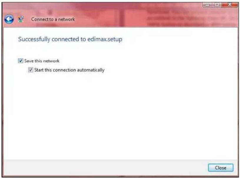 Connect to a network Successfully connected to edimax.setup ✓ Save this network ✓ Start this connection automatically Close