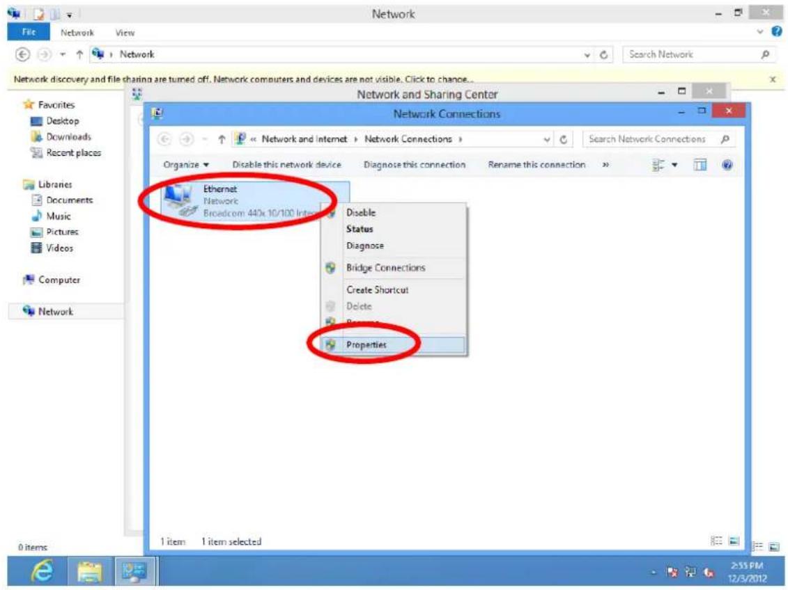 Network Network and Sharing Center Network Connections Ethernet Network Brocom 440x 10/100 Internet Disable Status Diagnose Bridge Connections Create Shortcut Delete Properties 1 item 1 item selected Organize Disable this network device Diagnose this connection Rename this connection 2:53 PM 12/3/2012