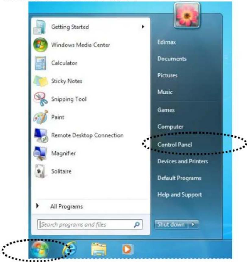 Getting Started Windows Media Center Calculator Sticky Notes Snipping Tool Paint Remote Desktop Connection Magnifier Solitaire All Programs Search programs and files Edimax Documents Pictures Music Games Computer Control Panel Devices and Printers Default Programs Help and Support Shut down