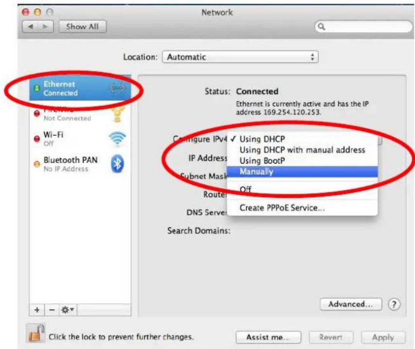 Network Show All Location: Automatic Ethernet Connected Not Connected Wi-Fi Off Bluetooth PAN No IP Address Status: Connected Ethernet is currently active and has the IP address 169.254.120.253. Configure IPv4 ✓ Using DHCP Using DHCP with manual address IP Address Using BootP Subnet Mask Manually Off Router Create PPPoE Service... Search Domains: Advanced... Click the lock to prevent further changes. Assist me... Revert Apply