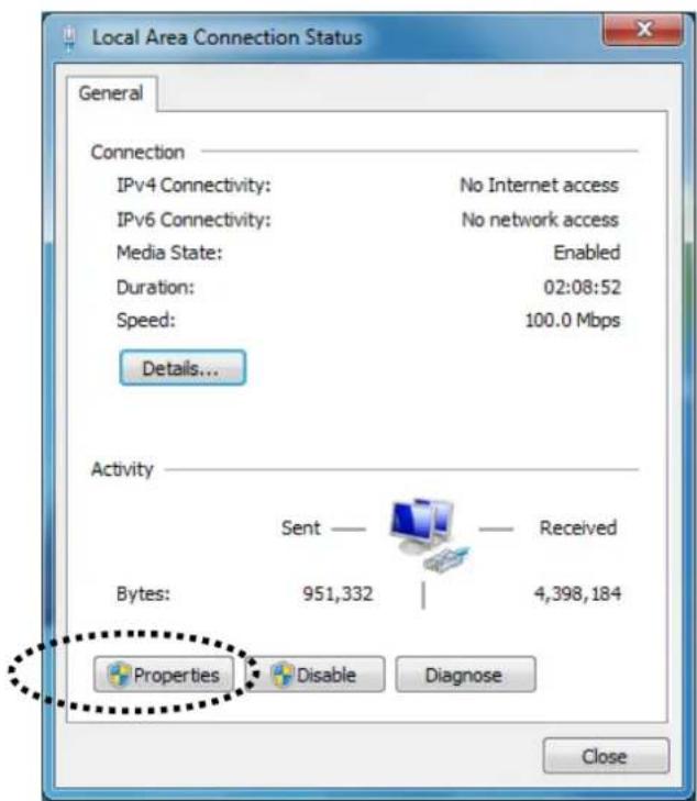 Local Area Connection Status General Connection IPv4 Connectivity: No Internet access IPv6 Connectivity: No network access Media State: Enabled Duration: 02:08:52 Speed: 100.0 Mbps Details... Activity Sent — Received Bytes: 951,332 | 4,398,184 Properties Disable Diagnose Close