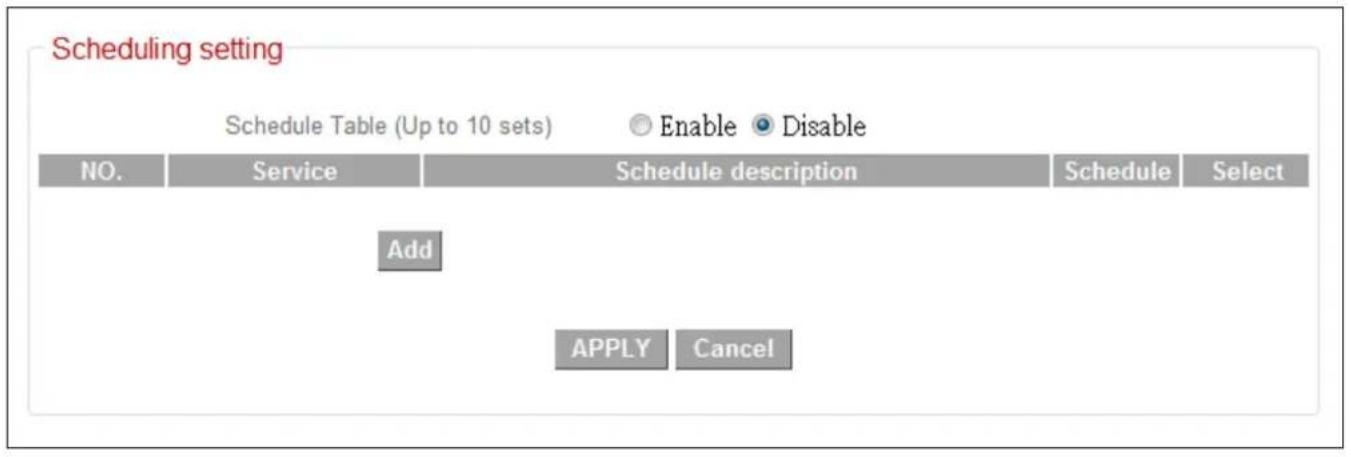 Scheduling setting Schedule Table (Up to 10 sets) Enable Disable NO. Service Schedule description Schedule Select Add APPLY Cancel