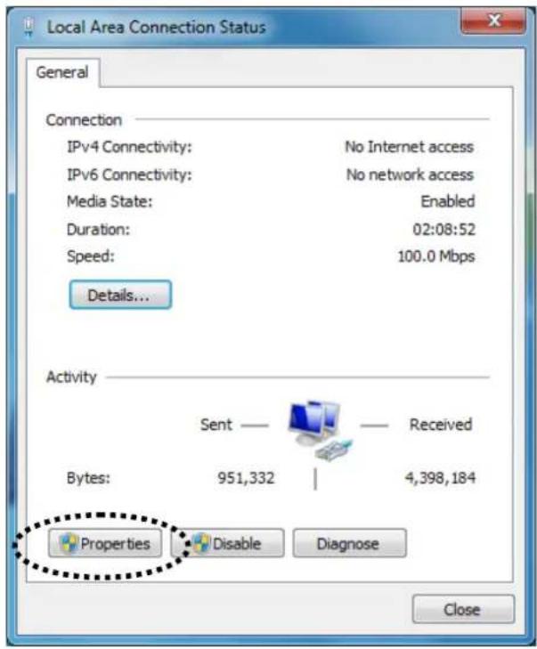Local Area Connection Status General Connection IPv4 Connectivity: No Internet access IPv6 Connectivity: No network access Media State: Enabled Duration: 02:08:52 Speed: 100.0 Mbps Details... Activity Sent — Received Bytes: 951,332 | 4,398,184 Properties Disable Diagnose Close