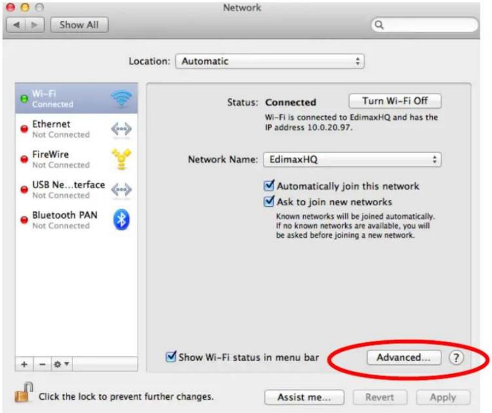Network Show All Location: Automatic Wi-Fi Connected Ethernet Not Connected FireWire Not Connected USB Ne...terface Not Connected Bluetooth PAN Not Connected Status: Connected Turn Wi-Fi Off Wi-Fi is connected to EdimaxHQ and has the IP address 10.0.20.97. Network Name: EdimaxHQ ✓ Automatically join this network ✓ Ask to join new networks Known networks will be joined automatically. If no known networks are available, you will be asked before joining a new network. ✓ Show Wi-Fi status in menu bar Advanced... Click the lock to prevent further changes. Assist me... Revert Apply