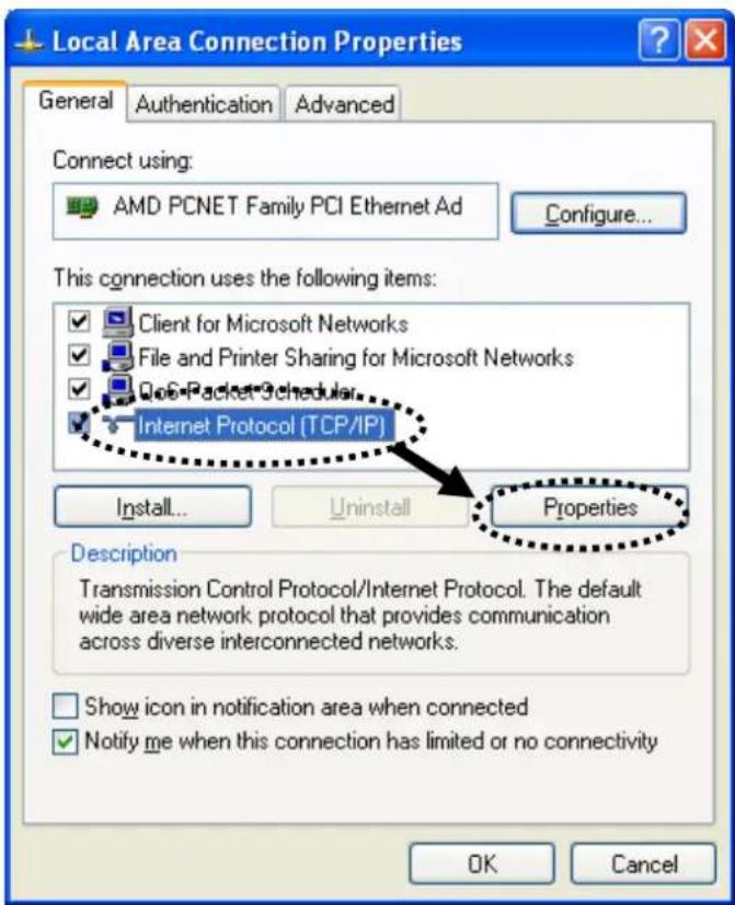 Local Area Connection Properties General Authentication Advanced Connect using: AMD PCNET Family PCI Ethernet Ad Configure... This connection uses the following items: Client for Microsoft Networks File and Printer Sharing for Microsoft Networks QQ Packet Scheduler Internet Protocol (TCP/IP) Install... Uninstall Properties Description Transmission Control Protocol/Internet Protocol. The default wide area network protocol that provides communication across diverse interconnected networks. Show icon in notification area when connected Notify me when this connection has limited or no connectivity OK Cancel