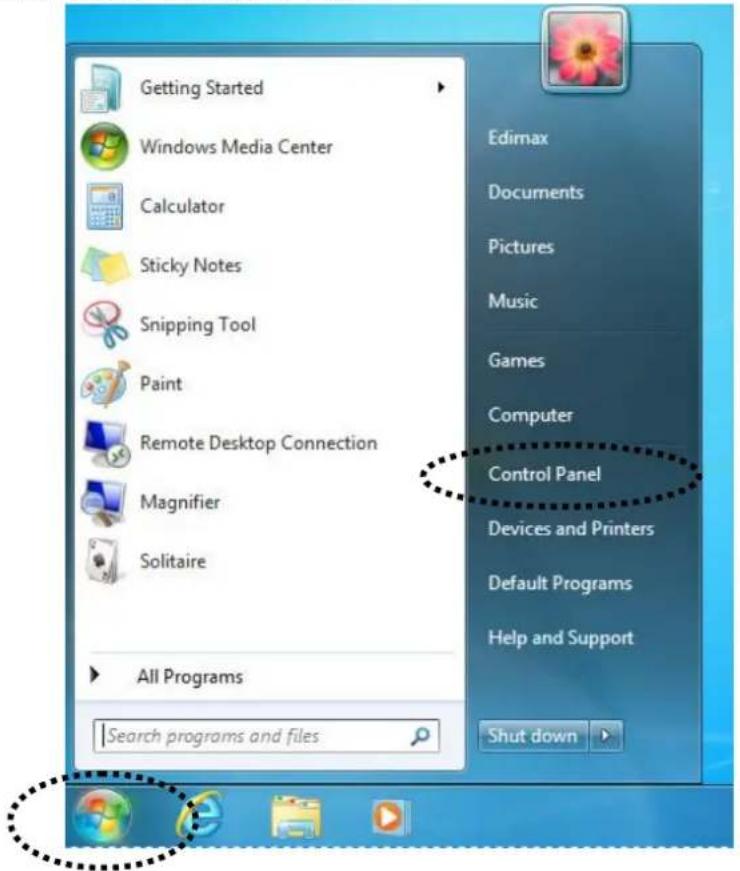 Getting Started Windows Media Center Calculator Sticky Notes Snipping Tool Paint Remote Desktop Connection Magnifier Solitaire All Programs Search programs and files Edimax Documents Pictures Music Games Computer Control Panel Devices and Printers Default Programs Help and Support Shut down