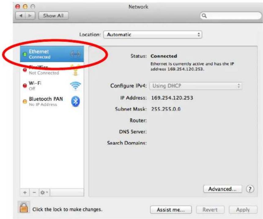 Network Show All Location: Automatic Ethernet Connected Wire Wire Net Connected Wi-Fi Off Bluetooth PAN No IP Address Status: Connected Ethernet is currently active and has the IP address 169.254.120.253. Configure IPv4: Using DHCP IP Address: 169.254.120.253 Subnet Mask: 255.255.0.0 Router: DNS Server: Search Domains: Advanced... Click the lock to make changes. Assist me... Revert Apply