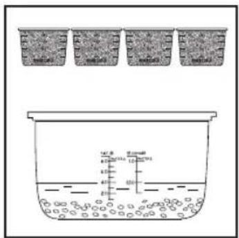 Diagram showing a container with liquid and bubbles, topped with four labeled microstructures above it.