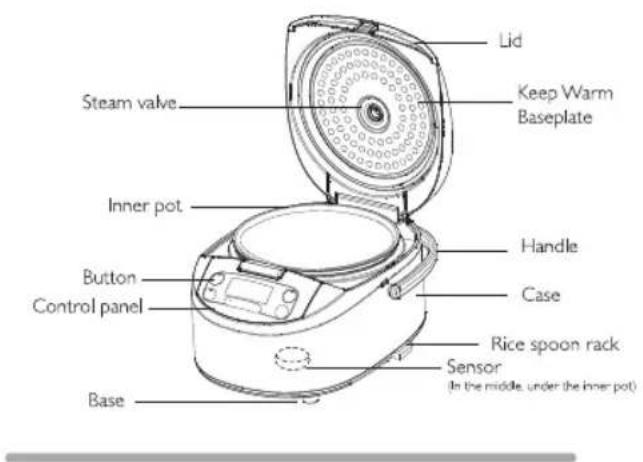 Lid Keep Warm Baseplate Steam valve Inner pot Handle Button Control panel Case Rice spoon rack Sensor Base (In the middle, under the inner pot)