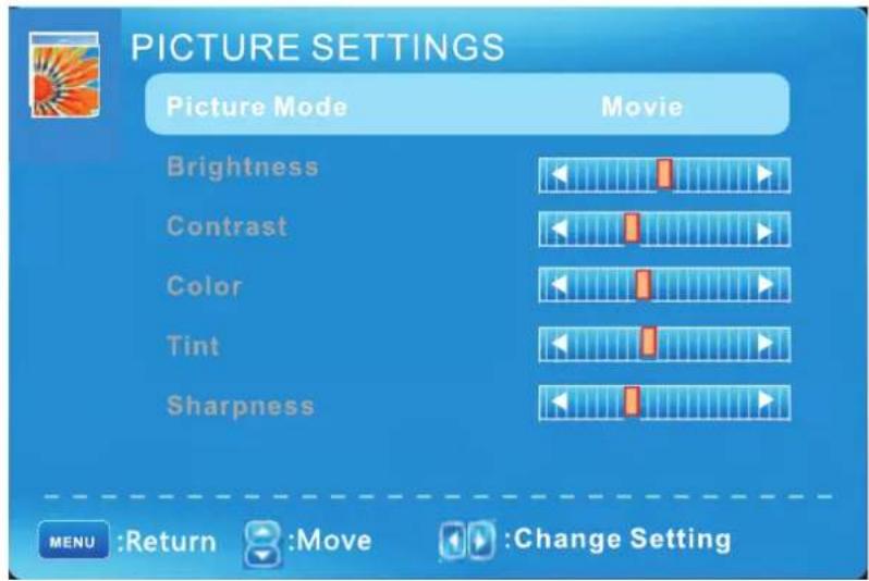 PICTURE SETTINGS Picture Mode Movie Brightness Contrast Color Tint Sharpness MENU :Return 8 :Move Change Setting