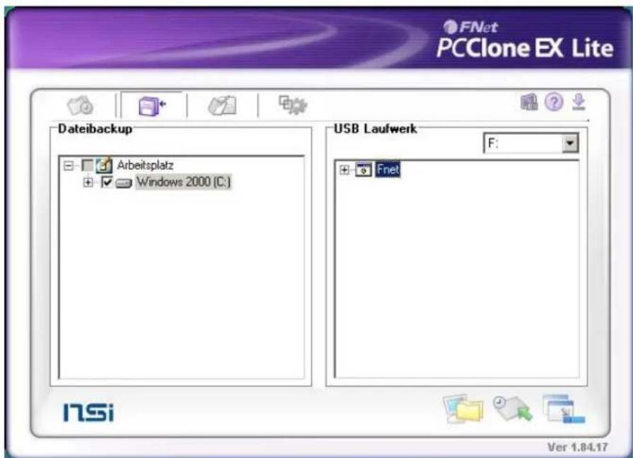 FNet PCClone EX Lite Datebackup Arbeitsplatz Windows 2000 [C:) USB Laufwerk F: Fnet NSi Ver 1.84.17