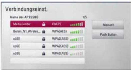 Verbindungseinst. Name des AP (SSID) 1/5 MediaCenter (WEP) Belkin_N1_Wireles... WPA(AES) uLGE WPA2(AES) uLGE WPA2(AES) uLGE WPA2(AES)