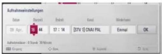 Aufnahmeeinstellungen Datum Startzeit Endzeit Kanal Windshafen 09 Apr. 18:44 17:14 [STV 1] CNAI PAL Einmal OK Aufnahmedauer - 3 Std. 30 Min. EBB Osten - Jetzt - August - Jetzt