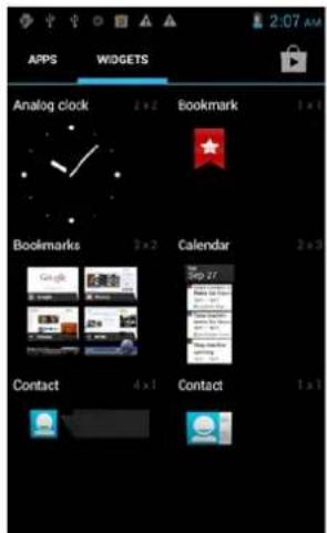 APPS WIDGETS Analog clock Bookmark Bookmarks Calendar Contact 4 x 1 Contact 1 x 1 2:07 AM