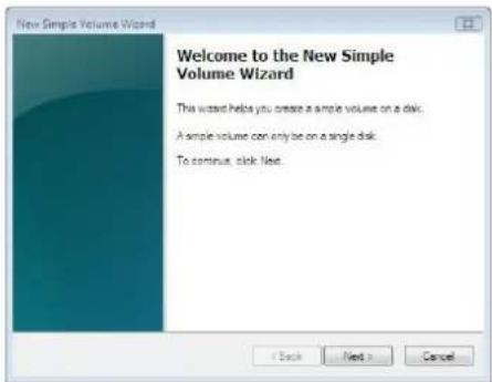 New Simple Volume Wizard Welcome to the New Simple Volume Wizard This wizard helps you create a simple volume on a disk. A simple volume can only be on a single disk. To continue, click Next.