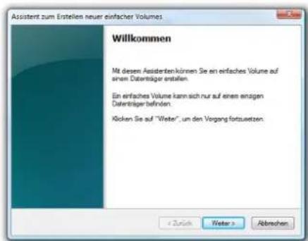 Assistent zum Erstellen neuer einfacher Volumes. Willkommen Mit diesem Assistenten können Sie ein einfaches Volume auf s einem Datenträger erstellen. Ein einfaches Volume kann sich nur auf einen enzigen Datenträger befinden. Klicken Sie auf "Water", um den Vorgang fortzusetzen.