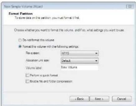 New Simple Volume Wizard Format Partition To store data on this section, you must format it first. Choose whether you want to format the volume, and if so, what settings you want to use. Do not format this volume format this volume with the following settings: File system: NTFS Allocation unit size: Default Volume label: New Volume Perform a quick format Enable file and folder compression < Back Next > Cancel