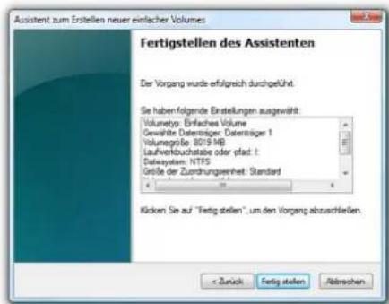 Assistent zum Erstellen neuer einzelner Volumes Fertigstellen des Assistenten Der Vorgang wurde erfolgreich durchgeführt. Sie haben folgende Erstellungen ausgewählt: Volumetyp: Einfaches Volume Gewährte Datenräger: Datenträger 1 Volumergeite: 2019 MB Laufwerkbuchtable oder grad: t. Datexsystem: NTPS Größe der Zuordnungsverheit: Standard Kücken Sie auf "Fertig stellen", um den Vorgang abzuschließen. < Zurück Fertig stellen Abbrevchen