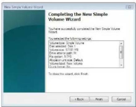 New Simple Volume Wizard Completing the New Simple Volume Wizard You have successfully completed the New Simple Volume Wizard. You selected the following settings: Volume type: Single Volume Disk selected: Disk 1 Volume size: 57101 MB Drive diameter: M File system: NTFS Allocation unit size: Default Volume label: New volume Quick format: No To close this wizard, click Finish.