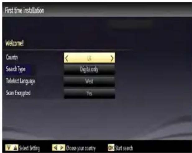 First time installation Welcome! Country Search Type TeleText Language Scan Encrypted UK Digital only West Yes Select Setting Choose your country Start search