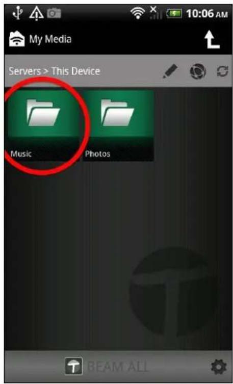 My Media 10:06 AM Servers > This Device Music Photos BEAM ALL