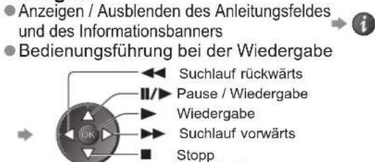 Anzeigen / Ausblenden des Anleitungsfeldes und des Informationsbanners Bedienungsführung bei der Wiedergabe Suchlauf rückwärts Pause / Wiedergabe Wiedergabe Suchlauf vorwärts Stopp