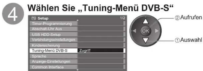 Wählen Sie „Tuning-Menü DVB-S“ Setup 1/2 Timer-Programmierung Abschalt-Uhr Aus USB HDD-Setup Verbindungseinstellungen Kindersicherung Tuning-Menü DVB-S Zugriff Sprache Anzeige-Einstellungen Common Interface ②Aufrufen ①Auswahl