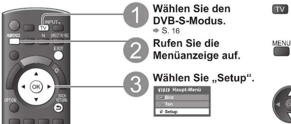 1 Wählen Sie den DVB-S-Modus. → S. 16 2 Rufen Sie die Menüanzeige auf. 3 Wählen Sie „Setup“. VIEWA Haupt-Menu Bild Ton Setup