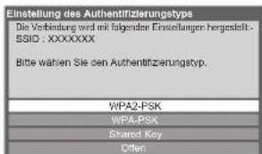 Einstellung des Authentifizierungstype Die Verbindung wird mit folgender Einzelungen hergestellt - SSIO : XXXXXXX Bitte wählen Sie den Authentifizierungstyp. WPA2-PSK WPA-PSK Shared Key Ciften