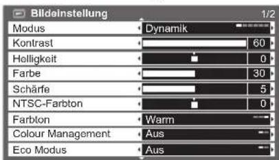 Bildeinstellung 1/2 Modus Dynamik Kontrast 60 Helligkeit 0 Farbe 30 Schärfe 5 NTSC-Farbton 0 Farbton Warm Colour Management Aus Eco Modus Aus