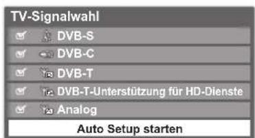 TV-Signalwahl ✓ DVB-S ✓ DVB-C ✓ DVB-T ✓ DVB-T-Unterstützung für HD-Dienste ✓ Analog Auto Setup starten