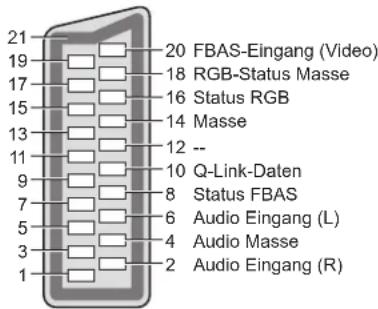 21 19 17 15 13 11 9 7 5 3 1 20 FBAS-Eingang (Video) 18 RGB-Status Masse 16 Status RGB 14 Masse 12 -- 10 Q-Link-Daten 8 Status FBAS 6 Audio Eingang (L) 4 Audio Masse 2 Audio Eingang (R)