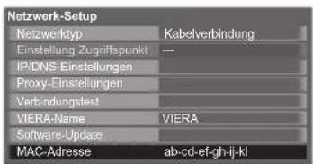 Netzwerk-Setup NetzwerkKyp Kabelverbindung ____ Einstellung Zugriffspunkt -- IP/DNS-Einstellungen Proxy-Einstellungen Verbindunggestell VIERA-Name VIERA Software-Update MAC-Adresse ab-cd-ef-gh-ij-kl