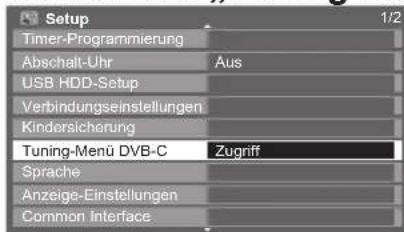 Setup Timer-Programmierung Abschalt-Uhr USB HDD-Setup Verbindungseinstellungen Kindersicherung Tuning-Menü DVB-C Sprache Anzeige-Einstellungen Common Interface 1/2 Aus Zugriff