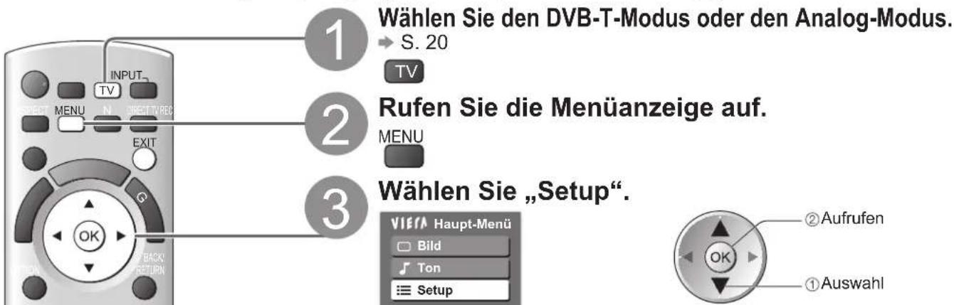1 Wählen Sie den DVB-T-Modus oder den Analog-Modus. S. 20 TV 2 Rufen Sie die Menüanzeige auf. MENU 3 Wählen Sie „Setup“. VIEFA Haupt-Menü Bild Ton Setup ② Aufrufen OK ① Auswahl