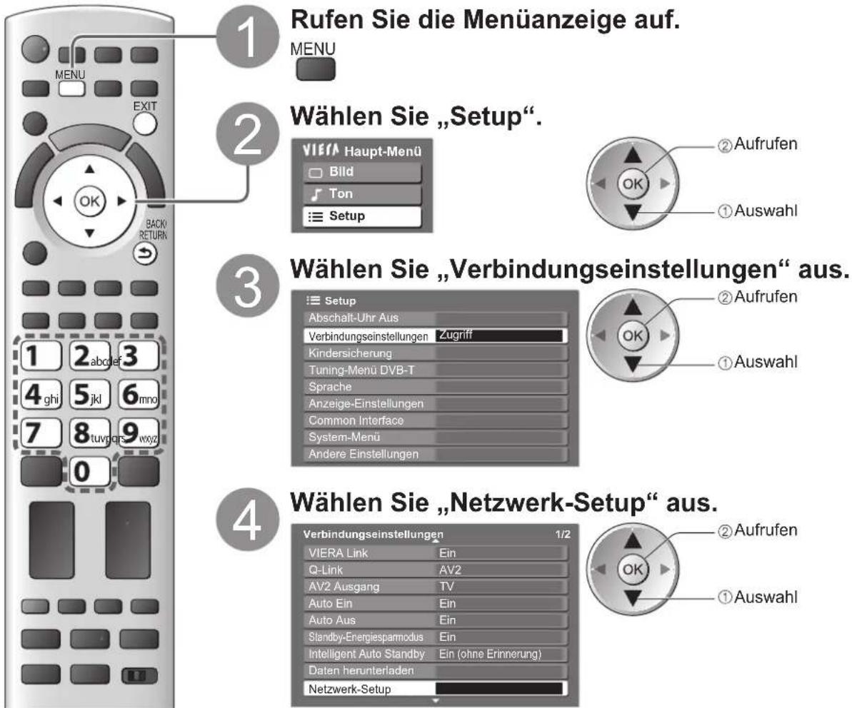 1 Rufen Sie die Menüanzeige auf. MENU 2 Wählen Sie „Setup“. VIERA Haupt-Menü Bild Ton Setup 3 Wählen Sie „Verbindungseinstellungen“ aus. Setup Abschäft-Uhr Aus Verbindungseinstellungen Zugriff Kindersicherung Tuning-Menü DVB-T Sprache Anzeige-Einstellungen Common Interface System-Menü Andere Einstellungen 4 Wählen Sie „Netzwerk-Setup“ aus. Verbindungseinstellungen 1/2 VIERA Link Ein Q-Link AV2 AV2 Ausgang TV Auto Ein Ein Auto Aus Ein Standby-Energiespamodus Ein Intelligent Auto Standby Ein (ohne Erinnerung) Daten herunterladen Netzwerk-Setup ② Aufrufen ① Auswahl ② Aufrufen ① Auswahl