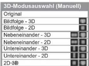 3D-Modauswahl (Manuell) Original Bildfolge - 3D Bildfolge - 2D Nebeneinander - 3D Nebeneinander - 2D Untereinander - 3D Untereinander - 2D 2D-3D